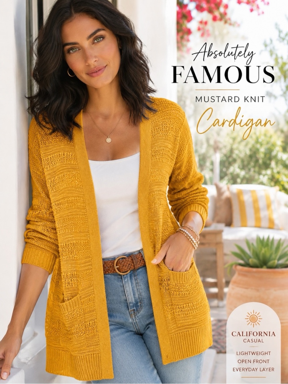 Absolutely Famous Mustard Knit Cardigan Women’s M Open Front Longline Pockets